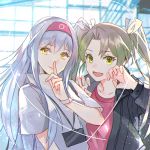  2girls :d black_jacket closed_mouth finger_to_mouth green_hair index_finger_raised jacket kantai_collection kasumi_(skchkko) long_sleeves looking_at_viewer multiple_girls open_mouth pink_shirt shirt shoukaku_(kantai_collection) shushing smile twintails white_hair yellow_eyes zuikaku_(kantai_collection) 