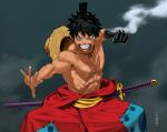  &gt;:( 1boy angry black_hair chest chest_scar clenched_hand clenched_teeth contos facial_scar fighting_stance frown haki hat japanese_clothes katana looking_at_viewer male_focus monkey_d_luffy muscle one_piece red_robe robe scar serious shirtless short_hair simple_background solo spiked_hair standing steam straw_hat sword teeth toned toned_male topknot v-shaped_eyebrows weapon 