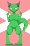  2:3 absurd_res anthro breasts claws colored digitigrade ek_(artist) female genitals gesture green_body green_scales hi_res horn kobold nude pattern_background pose pussy scales scalie simple_background sketch smile solo v_sign yellow_eyes 
