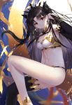  1girl absurdres asymmetrical_legwear asymmetrical_sleeves bangs bare_shoulders bikini black_bow black_hair blush bow breasts cleavage earrings fate/grand_order fate_(series) gold_trim hair_bow heavenly_boat_maanna highres hoop_earrings ishtar_(fate)_(all) ishtar_(fate/grand_order) jewelry long_hair looking_at_viewer medium_breasts motota navel neck_ring parted_bangs red_eyes single_sleeve single_thighhigh smile strapless swimsuit thighhighs tiara two_side_up 