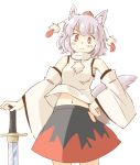  1girl animal_ear_fluff animal_ears arnest black_skirt blush_stickers commentary detached_sleeves grey_hair hand_on_hip inubashiri_momiji looking_at_viewer midriff_peek navel pom_pom_(clothes) red_eyes red_skirt sarashi shirt short_hair simple_background skirt solo sword tail touhou weapon white_background white_shirt wolf_ears wolf_tail 