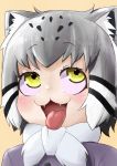  1girl :3 absurdres animal_ears blush cat_ears cat_girl eyebrows eyebrows_visible_through_hair fangs grey_hair highres kemono_friends looking_up multicolored_hair open_mouth pallas&#039;s_cat_(kemono_friends) piku_39 short_hair simple_background solo spotted_hair tongue tongue_out yellow_eyes 