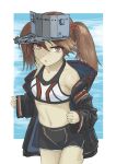  1girl alternate_costume bangs black_jacket blush brown_hair commentary_request hair_between_eyes hair_ornament hat highres hood hood_down hooded_jacket jacket kantai_collection long_hair long_sleeves magatama magatama_hair_ornament navel nito_(nshtntr) open_mouth red_eyes ryuujou_(kantai_collection) shorts simple_background solo sports_bra twintails visor_cap 