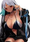  1girl absurdres azur_lane bangs bikini black_bikini black_legwear body_markings breasts choker cleavage collarbone dark_skin facial_mark feather_hair_ornament forehead_mark hair_tucking highres huge_breasts jacket long_hair looking_at_viewer massachusetts_(azur_lane) native_american navel open_clothes open_jacket red_eyes sanba_tsui silver_hair simple_background solo swimsuit thighhighs unzipped white_background 