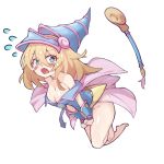  1girl absurdres bare_shoulders barefoot blonde_hair blush_stickers breasts cleavage dark_magician_girl eyebrows_visible_through_hair full_body green_eyes hair_between_eyes hat highres large_breasts long_hair mmhomm simple_background solo staff thighs white_background wizard_hat yuu-gi-ou 