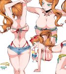  1girl adjusting_clothes adjusting_swimsuit aqua_eyes arms_up ass backboob blush breasts cleavage crazy_straw cup drink drinking_glass drinking_straw eyewear_on_head from_behind from_side hair_ornament hanging_breasts heart heart_hair_ornament heart_straw highres large_breasts leaning_forward long_hair micro_shorts multiple_views orange_hair pokemon pokemon_(game) shimure_(460) shorts side_ponytail simple_background sonia_(pokemon) sunglasses swimsuit underboob white_background 