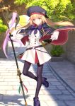  1girl artist_request artoria_pendragon_(caster) blonde_hair day fate/grand_order fate_(series) gloves hair_between_eyes hat long_hair long_sleeves looking_at_viewer official_art outdoors pantyhose sheath sheathed skirt solo staff standing standing_on_one_leg sword tree twintails weapon 