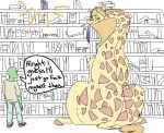  anon big_butt book bookshelf brown_hair butt dialogue duo female feral furniture giraffe giraffid green_eyes hair hi_res hooves horn huge_butt human larger_female larger_feral library long_neck long_tongue male mammal nobby_(artist) ossicone paisley_(nobby) sitting size_difference slightly_chubby smaller_human smaller_male spots spotted_body teasing tongue wide_hips 