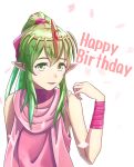  1girl eyebrows_visible_through_hair fire_emblem fire_emblem:_mystery_of_the_emblem green_eyes green_hair hair_between_eyes happy_birthday high_ponytail highres long_hair looking_at_viewer open_mouth pink_ribbon pointy_ears ribbon shiny shiny_hair sleeveless solo sukkirito_(rangusan) tiki_(fire_emblem) upper_body very_long_hair white_background wrist_ribbon 