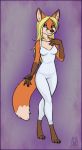  anthro blonde_hair blue_eyes canid canine dipstick_tail female fox gloves_(marking) hair hi_res lichfang long_hair looking_at_viewer mammal markings multicolored_tail solo unitard 