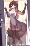  2020 2:3 absurd_res amberpendant anthro black_nose breasts brown_body brown_fur brown_hair canid canine chessie_(shycyborg) clothing digital_media_(artwork) female fur genitals hair hi_res long_hair mammal nipples pussy smile solo translucent translucent_clothing 