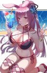  1girl absurdres amahara_subaru animal_ears bare_shoulders bikini breasts bunny_ears bunny_girl cleavage cup eyebrows_visible_through_hair hair_between_eyes highres large_breasts long_hair looking_at_viewer midriff navel original pink_hair sleeveless solo swimsuit v wet 