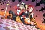  2girls ;q absurdres ascot bangs black_pants black_shirt blue_eyes bow bow_hairband brown_footwear coat collared_shirt crop_top dutch_angle eyebrows_visible_through_hair gloves hair_between_eyes hair_bow hairband halloween halloween_costume high_heels highres long_hair long_sleeves love_live! love_live!_sunshine!! midriff multiple_girls navel necktie one_eye_closed open_mouth orange_bow orange_legwear orange_neckwear orange_shorts pants pointy_ears print_neckwear print_shorts red_coat red_hair sakurauchi_riko shiny shiny_hair shirt short_hair short_shorts shorts silver_hair sitting sleeveless sleeveless_shirt stomach striped striped_bow striped_legwear sword thighhighs tongue tongue_out watanabe_you weapon white_gloves white_neckwear wing_collar yellow_eyes yuchi_(salmon-1000) 