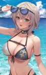  1girl armband bare_shoulders bikini breasts choker cleavage cloud collarbone day eyebrows_visible_through_hair eyewear_on_head gbvpg green_eyes grey_hair hair_between_eyes highres hololive large_breasts looking_at_viewer midriff open_mouth outdoors shirogane_noel short_hair sky sleeveless solo stomach sunglasses swimsuit teeth tongue upper_body water 