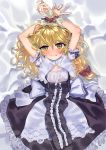  1girl absurdres arms_up bangs blonde_hair blue_ribbon blush bound bound_wrists bow braid clenched_teeth dress eyebrows_visible_through_hair frilled_dress frills frown glaring gunnjou_yosio hair_between_eyes hair_bow highres kirisame_marisa lace long_hair looking_at_viewer lying on_back puffy_short_sleeves puffy_sleeves red_bow restrained ribbon ribbon_trim scowl short_sleeves side_braid solo teeth touhou wavy_hair yellow_eyes 