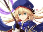  1girl artoria_pendragon_(all) artoria_pendragon_(caster) blonde_hair commentary_request eyebrows_visible_through_hair fate/grand_order fate_(series) gloves green_eyes hair_between_eyes hat haura_akitoshi holding holding_staff long_hair long_sleeves looking_at_viewer simple_background smile solo staff upper_body white_background 