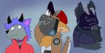  anthro blep blue_body blue_fur brown_body brown_fur canid canine clothed clothing collar cybernetics cyborg dialogue english_text fluffy fur grey_body grey_fur group hair hat headgear headwear hi_res horn joshinoe klae_(character) lycanroc machine male mammal nintendo pok&eacute;mon pok&eacute;mon_(species) protogen reboot_(character) sigma_(character) simple_background smile speech_bubble text tongue tongue_out video_games 