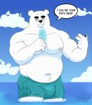  2020 anthro belly black_nose bulge clothing english_text herbivore_high_school hi_res humanoid_hands jabuhusky male mammal moobs navel nipples outside overweight overweight_anthro overweight_male polar_bear solo swimwear text ursid ursine 