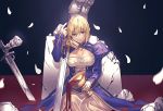  1girl artoria_pendragon_(all) blonde_hair breasts cleavage closed_mouth dress excalibur eyebrows_visible_through_hair fate/stay_night fate_(series) green_eyes hair_between_eyes hiro_(hirohiro_gorira) holding holding_sword holding_weapon holy_grail_(fate) looking_at_viewer medium_breasts petals pillar pouring saber smile solo sword weapon 