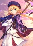  1girl artoria_pendragon_(all) artoria_pendragon_(caster) bangs beret black_gloves blonde_hair blue_capelet breasts buttons capelet dress fate/grand_order fate_(series) gloves gogatsu_fukuin gradient_sky green_eyes hat highres long_hair long_sleeves looking_at_viewer multicolored_capelet orange_sky purple_sky sky smile staff twilight twintails white_dress 