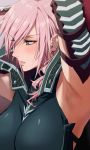  1girl armor armpits arms_up bangs blue_eyes blush breasts close-up commentary_request curly_hair eyebrows_visible_through_hair eyelashes eyes_visible_through_hair final_fantasy final_fantasy_xiii hair_over_one_eye highres ishii_takamori large_breasts lightning_farron lightning_returns:_final_fantasy_xiii long_hair looking_away looking_to_the_side medium_breasts open_mouth parted_lips pink_hair shiny shiny_hair sidelocks solo upper_body 