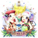  1girl 2boys :d beanie black_hair blonde_hair blue_eyes blush chimchar commentary_request confetti copyright_name gen_4_pokemon happy hat hikari_(pokemon) jun_(pokemon) kokoroko kouki_(pokemon) leaf lowres multiple_boys one_eye_closed open_mouth piplup pokemon pokemon_(creature) pokemon_(game) pokemon_dppt purple_eyes red_headwear scarf smile starter_pokemon starter_pokemon_trio teeth turtwig watermark white_headwear 