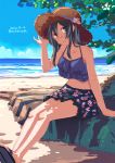  1girl alternate_costume beach black_camisole black_hair black_skirt blue_sky camisole casual cloud dappled_sunlight dated day floral_print frilled_skirt frills full_body grey_eyes horizon kantai_collection long_hair looking_at_viewer midriff ocean outdoors oyashio_(kantai_collection) rock sandals sitting skirt sky solo sunlight takuzui tree twintails 