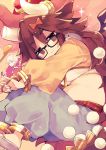  1boy 1girl bow brown_eyes brown_hair dango elephant_hat fate/grand_order fate_(series) food ganesha_(fate) glasses hair_bow highres jewelry jinako_carigiri karna_(fate) long_hair midriff mouse pants ring wagashi white_hair yuzuki_gao 