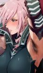  1girl armor armpit_hair armpits arms_up bangs blue_eyes blush breasts close-up commentary_request curly_hair ear_blush embarrassed eyebrows_visible_through_hair eyelashes eyes_visible_through_hair final_fantasy final_fantasy_xiii hair_over_one_eye highres ishii_takamori large_breasts lightning_farron lightning_returns:_final_fantasy_xiii long_hair looking_away looking_to_the_side medium_breasts open_mouth parted_lips pink_hair shiny shiny_hair sidelocks solo steam steaming_body sweat upper_body 