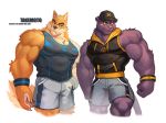  2020 abs absurd_res anthro biceps canid canine canis chest_tuft clothed clothing domestic_dog felid fur group hi_res male mammal muscular muscular_male otake pantherine ray_(takemoto_arashi) simple_background tan_body tan_fur tuft wolfmalro 