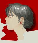 1girl commentary_request earrings green_eyes grey_hair highres jewelry original parted_lips profile red_background red_earrings shiny shiny_hair short_hair smoke smoking solo stud_earrings teenage turquoise_iro 