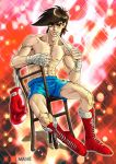  1boy abs artist_name ashita_no_joe black_hair blue_shorts boxer boxing_gloves chair collarbone gloves gloves_removed hand_wraps male_focus mane_(kanpekikiss) mouth_hold muscle red_background red_footwear red_gloves shirtless shorts sitting solo yabuki_jou 