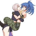  2girls absurdres angel_(kof) blue_eyes blue_hair boots breasts byeonbulkan camouflage chaps eyes fingerless_gloves gloves highres hug jacket large_breasts legs_grab leona_heidern midriff military multiple_girls ponytail short_hair soldier tank_top the the_king_of_fighters the_king_of_fighters_xiv white_background white_hair yellow_tank_top yuri 