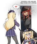  2girls absurdres blazer blonde_hair blue_eyes blush breasts dark_skin dickbomber firearm formal girls_frontline gloves gun hat highres jacket long_hair long_sleeves low-tied_long_hair multiple_girls necktie open_mouth pleated_skirt police police_hat police_uniform policewoman ponytail red_hair saiga-12_(girls_frontline) skirt suit super_shorty_(girls_frontline) tears thighhighs translation_request twintails uniform weapon yellow_eyes 