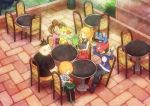  2girls 3boys :d arms_up black_hair black_pants blonde_hair blue_jacket boots brown_footwear brown_hair calme_(pokemon) chair chespin commentary_request day fennekin froakie gen_6_pokemon holding holding_pokemon jacket kokoroko multiple_boys multiple_girls on_head open_mouth orange_hair outdoors pants pokedex pokemon pokemon_(creature) pokemon_(game) pokemon_on_head pokemon_xy red_headwear sana_(pokemon) serena_(pokemon) sitting smile starter_pokemon starter_pokemon_trio sunglasses table tierno_(pokemon) toroba_(pokemon) 