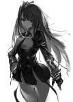  1girl absurdres bangs closed_mouth dress framed_breasts girls_frontline gloves greyscale hair_ribbon hand_on_hip highres irikawa long_hair long_sleeves monochrome necktie one_side_up pantyhose ribbon simple_background solo wa2000_(girls_frontline) 