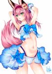  1girl animal_ears armband armpits arms_behind_head azur_lane bangs bare_legs bare_shoulders bikini bikini_skirt blue_bow bow bow_bikini cameltoe commentary_request eyebrows_visible_through_hair flower fox_ears fox_girl fox_tail frilled_armband frilled_bikini frilled_swimsuit frills green_eyes hair_flower hair_ornament hairband hanazuki_(azur_lane) highres long_hair looking_to_the_side midriff navel open_mouth pink_hair pose ramiya_eru signature simple_background solo swimsuit tail tail_raised white_background 