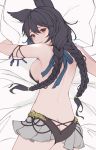  1girl animal_ears arm_ribbon bare_back bare_shoulders bed black_hair braid butt_crack embarrassed erune frilled_swimsuit frills granblue_fantasy long_hair looking_at_viewer looking_back lying nier_(granblue_fantasy) on_stomach one-piece_swimsuit parted_lips pillow pillow_hug red_eyes ribbon slingshot_swimsuit solo swimsuit twin_braids wuming 