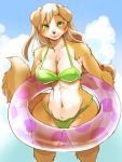  2020 anthro bikini blonde_hair breasts canid canine canis cleavage clothed clothing domestic_dog female fur green_eyes hair inner_tube kemono mammal navel setouchi_kurage solo swimwear wide_hips 