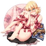  1girl ass bare_shoulders blonde_hair blush bound bow breasts choker cleavage collarbone commentary_request eyebrows_visible_through_hair eyes_visible_through_hair green_eyes hair_between_eyes large_breasts looking_at_viewer lying mizuhashi_parsee nude on_back ootsuki_wataru pointy_ears short_hair solo tied_up touhou 