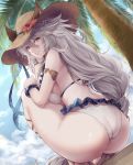  1girl armlet ass bangs bare_arms bare_shoulders bracelet breasts brown_eyes commentary_request ears_through_headwear eyebrows_visible_through_hair flower from_behind granblue_fantasy grin hair_between_eyes hat hat_flower heles highres jewelry large_breasts long_hair looking_back red_flower silver_hair smile solo squatting sun_hat thick_thighs thighs very_long_hair yue_(lov_n_n) 