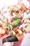  1girl ametama_(runarunaruta5656) arms_(game) beanie blonde_hair glowing green_eyes hat highres leg_up leggings mask min_min_(arms) shorts 