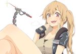  1girl bangs blonde_hair breasts cleavage crossed_legs eyebrows_visible_through_hair fang fingerless_gloves girls_frontline gloves hair_between_eyes id_card large_breasts long_hair looking_at_viewer m870_(girls_frontline) mechanical_tail open_mouth orange_eyes salpin sheriff_badge smile smug solo tail twintails white_background 