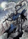  1boy animal arm_at_side armor arms_at_sides artorias_the_abysswalker bare_tree blue_capelet breastplate capelet dark_souls english_commentary faceless facing_viewer fantasy faulds field_of_blades fog full_armor gauntlets graveyard great_grey_wolf_sif greatsword greaves grey_wolf helmet highres holding holding_sword holding_weapon hood knight kutty_sark leg_armor moon mouth_hold night one_knee outdoors over_shoulder pauldrons planted_sword planted_weapon plate_armor plume profile shoulder_armor souls_(from_software) sword tombstone traditional_media tree watercolor_(medium) weapon wolf 