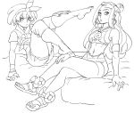  2girls bb_(baalbuddy) bow crossed_legs earrings feet gloves greyscale hand_on_leg highres jewelry leg_up long_hair looking_at_viewer midriff monochrome multiple_girls necklace pokemon pokemon_(game) pokemon_swsh rurina_(pokemon) saitou_(pokemon) short_hair shorts 