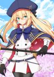  1girl artoria_pendragon_(all) artoria_pendragon_(caster) bangs belt black_gloves black_legwear black_ribbon blonde_hair blue_belt blue_bow blue_capelet blue_headwear blue_sky blush board_game bow breasts capelet closed_mouth cloud cloudy_sky commentary_request cowboy_shot day double-breasted eyebrows_visible_through_hair fate/grand_order fate_(series) gloves go green_eyes hair_ribbon hat holding long_hair long_sleeves looking_at_viewer nahu o-ring_belt outdoors pantyhose ribbon skirt sky smile solo staff striped_belt twintails 