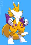  2020 3_fingers ambiguous_gender anthro black_sclera blue_background blue_eyes claws conditional_dnp digimon digimon_(species) fingers fluffy fluffy_tail fur jollyjack looking_at_viewer multicolored_body multicolored_fur portrait purple_body purple_fur renamon simple_background solo three-quarter_portrait white_body white_fur yellow_body yellow_fur 