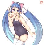  1girl alternate_hairstyle animal_ears artist_logo bangs black_swimsuit blue_eyes blue_hair cat_ears cat_tail collarbone commentary_request competition_school_swimsuit covered_navel dated flat_chest gradient_hair highres kanon_(kurogane_knights) kantai_collection leaning_forward long_hair looking_at_viewer multicolored_hair paw_pose samidare_(kantai_collection) school_swimsuit simple_background smile solo swept_bangs swimsuit tail thighhighs twintails very_long_hair white_background white_legwear 