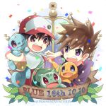  2boys bangs baseball_cap brown_hair bulbasaur charmander commentary_request confetti copyright_name eye_contact fighting fire gen_1_pokemon hat holding holding_pokemon kokoroko leaf looking_at_another lowres multiple_boys ookido_green open_mouth pokemon pokemon_(creature) pokemon_(game) pokemon_rgby purple_eyes purple_shirt red_(pokemon) red_eyes shirt spiked_hair squirtle teeth tongue watermark 