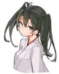  1girl black_hair brown_eyes hair_ribbon highres idashige_(walkietalkie) japanese_clothes kantai_collection kimono long_hair looking_at_viewer ribbon simple_background solo twintails upper_body white_background white_kimono white_ribbon zuikaku_(kantai_collection) 